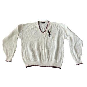 Isle Of Cotton Mens Pullover Sweater Ivory Size XL V‎ Neck Golf Embroidered Knit